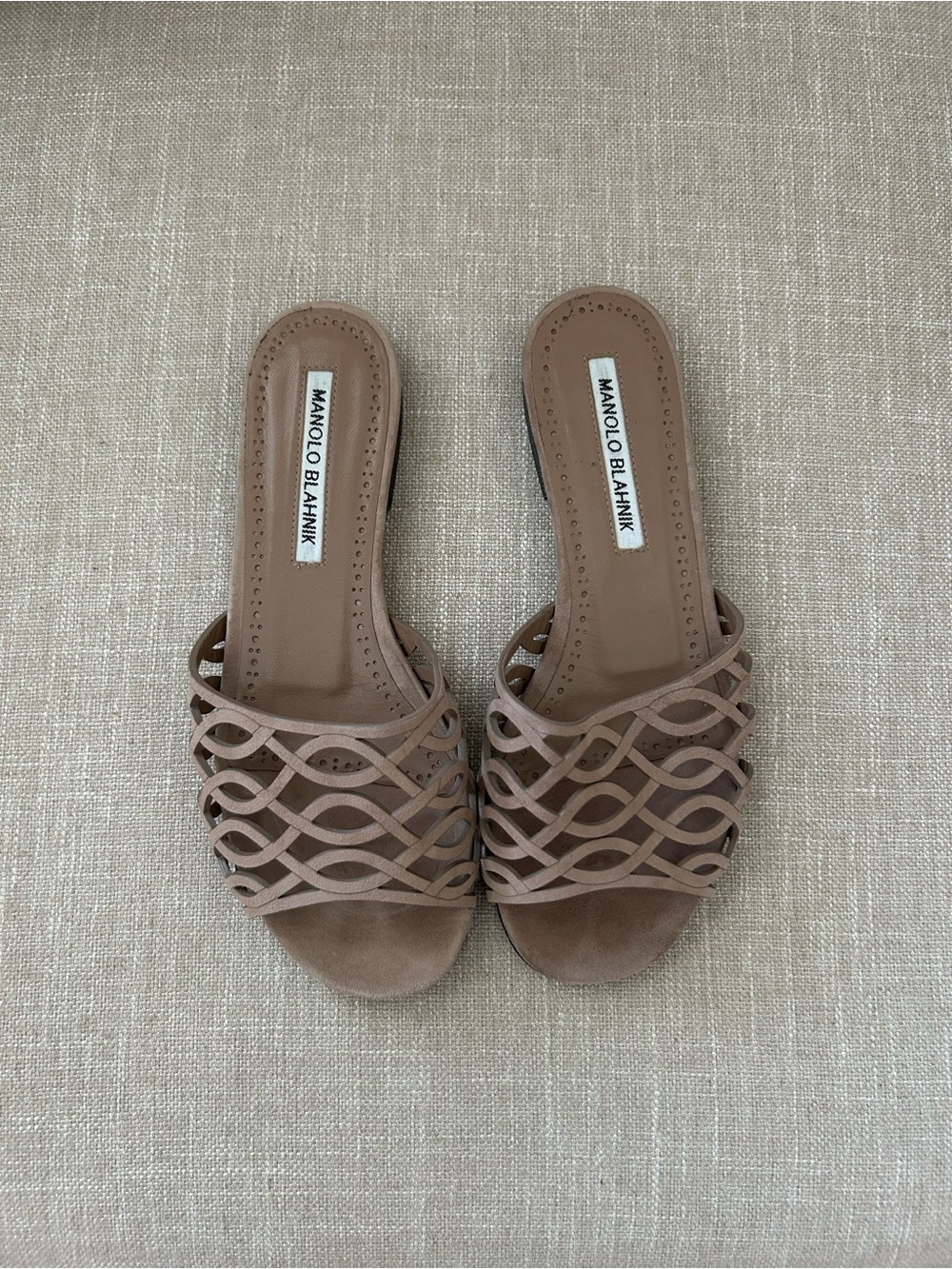 Manolo Blahnik Beige Woven Leather Slide Mules